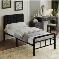 3ft Single Bed Frame with Upholstered Headboard and Footboard, 36cm High