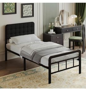 3ft Single Bed Frame with Upholstered Headboard and Footboard, 36cm High