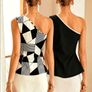 S Size Fashionable and Sexy Women's Designer Black and White Contrast Color Slit Sleeveless Casual Tank Top 2pcs Set Image 2