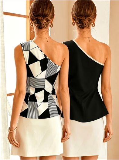 S Size Fashionable and Sexy Women's Designer Black and White Contrast Color Slit Sleeveless Casual Tank Top 2pcs Set