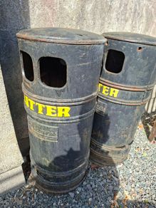 Three antique cast iron litter bins with bucket inserts