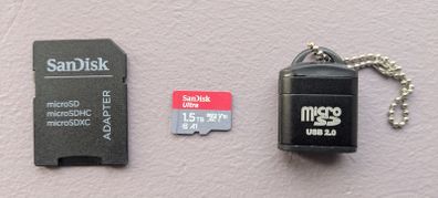1.5TB SanDisk micro SD card + SD adapter + USB Micro SD Card Reader