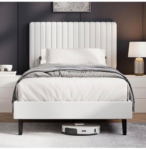 Single Bed Frame, 90 x 190 cm, Upholstered Bed with Velvet Headboard, Adjustable Height, Wooden Slat Support, No Box Spring Needed, White