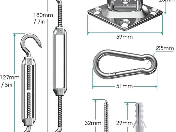 Sun Shade Sail Fixing Kit - Sail Shade Hardware Kit 304 Stainless Steel, Sun Shade Sail Hardware Kit for Garden Rectangle/Square, Heavy Duty Sun Sail Hardware Kit Installation 40 Pcs (FREE SHIPPING)