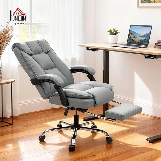 Office Chair with Footrest, Pet-Friendly Leather Reclining Ergonomic Computer Desk Chair with Double-Layer Padding, Upholstered Swivel Recliner for Home Office, Working, Black