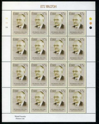2003 Ireland Birth Centenaries of 50c Frank O'Connor & 57c ETS Walton Commemorative Stamps Sheetlet Plate 1A1A1A Mint Never Hinged (MNH)