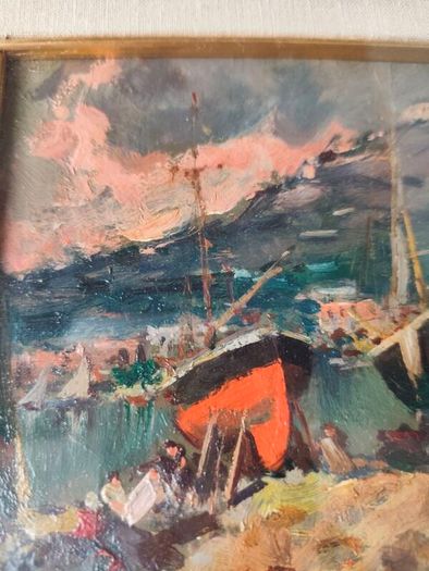 Oil painting of boats on the shore