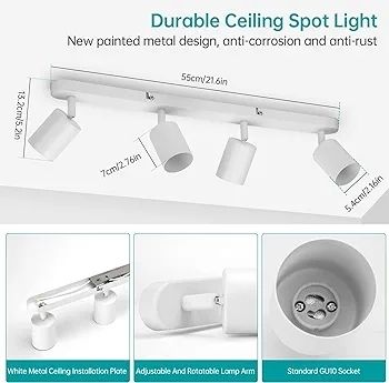 4 Way Ceiling Spotlight Bar White, Modern Ceiling Light Fitting Adjustable with GU10 Socket Spot Lights Ceiling Indoor Spot Lamp Rotatable for Kitchen Bedroom Hallway, GU10 Bulb Not Included