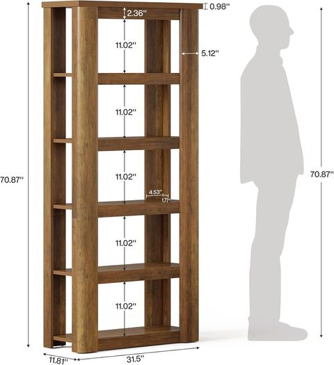 Vinatge Bookcase 180cm Tall Standing Shelf with 6 Tiers Open Shelves Shelf for Office Rustic Brown