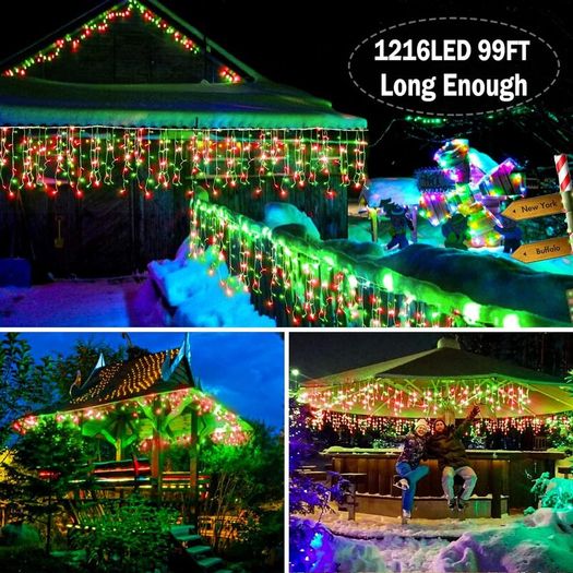 Icicle Lights Outdoor, 1216 LED 30m/98.5ft Christmas Lights Waterproof Fairy Lights Plug in String Lights with 8 Modes Clear Cable Holiday Lighting for Window/Garden/Party (Red & Green)
