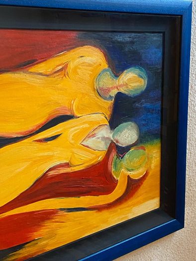 Oil on board 3 women framed and glazed in a nice blue frame unsigned