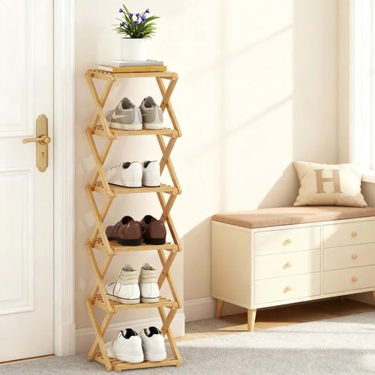 foldable 6-tier shoe stand made of bamboo, for max. 9 pairs of shoes, 30 x 29 x 108 cm, Natural