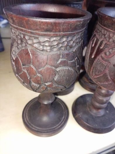 Set of 6 Hand-Carved African Wildlife Wooden Goblets  Vintage