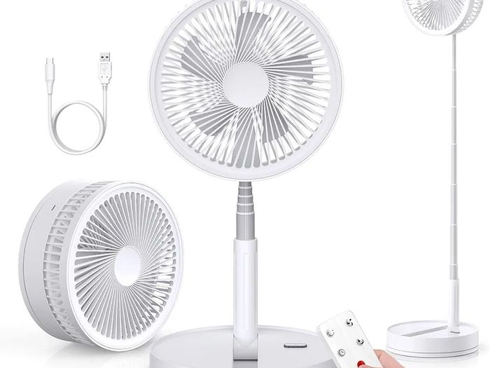 Portable Foldable Standing Fan - 8.6" 8000mAh Rechargeable Oscillating | 4-speed 22dB Silent Fan with Remote. USB Telescopic 3.5" Collapsible Design for Bedroom, Travel, Cruise & Camping.