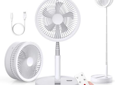 Portable Foldable Standing Fan - 8.6" 8000mAh Rechargeable Oscillating | 4-speed 22dB Silent Fan with Remote. USB Telescopic 3.5" Collapsible Design for Bedroom, Travel, Cruise & Camping.