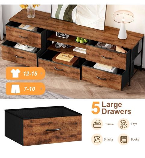 TV Stand Cabinet, TV Unit with 5 Drawers, 140 cm, Brown TV Console Table with Storage Organizers, Entertainment Center with Open Shelf for Living Room, Bedroom
