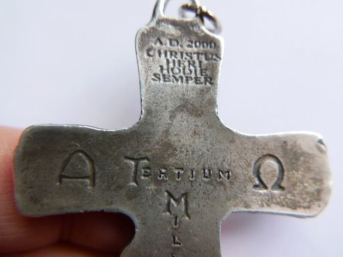Vintage Holy Trinity Crucifix in silvered brass 14 x 9 cm