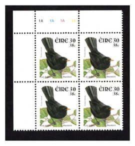 2001 Ireland 30p/38c Blackbird Dual-value Bird Definitive Plate Block 1A1A1A1A Mint Never Hinged (MNH)