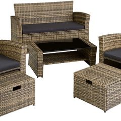 Poly-rattan Garden / Balcony / Patio Set for 4 People with Stool, Storage Compartment Under Sofa Seat