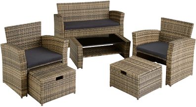 Poly-rattan Garden / Balcony / Patio Set for 4 People with Stool, Storage Compartment Under Sofa Seat