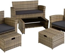 Poly-rattan Garden / Balcony / Patio Set for 4 People with Stool, Storage Compartment Under Sofa Seat, Table with Shelf, 800719 incl. Cushions