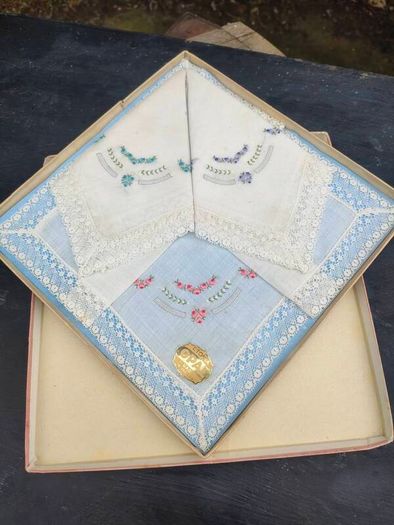 A Pair of Boxed Mid Century Estonia Opal Laced Hankerchiefs