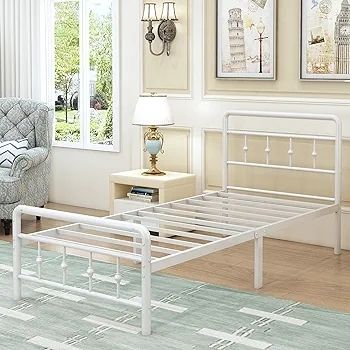 Single Bed Frame 3ft with Headboard and Footboard, Single Metal Bed Frame 46 cm High with Steel Slats Support, Noise Free, Easy Assembly, White