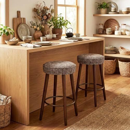 Set of 2 Chenille Bar Stools, 68cm Counter Height Upholstered Kitchen Bar Chairs with Solid Wood Legs