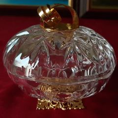 Killarney Crystal Cut Crystal Glass Happy Anniversary Lidded Jewelry Dish / Bowl With 22 Carat Gold Cover Handle and Footed Base Finishing Made In Ireland