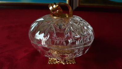 Killarney Crystal Cut Crystal Glass Happy Anniversary Lidded Jewelry Dish / Bowl With 22 Carat Gold Cover Handle and Footed Base Finishing Made In Ireland