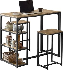 3-Piece Bar Table Set with Storage Shelves Industrial Style Dining Table with 2 Stools