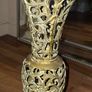 A Beautiful Old Hollywood Regency Brass Filigree Plant Stand Ornate Scrollwork features intricate, ornate pierced cut-work in a circular design Image 3