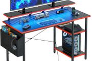 Gaming Desk with LED Lights Power Outlets Reversible Computer Storage Shelves Dual Monitor Stands for Home Office Study 100x50cm Carbon Fiber Black