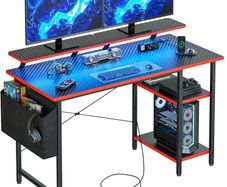 Gaming Desk with LED Lights Power Outlets Reversible Computer Storage Shelves Dual Monitor Stands for Home Office Study 100x50cm Carbon Fiber Black