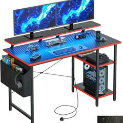 Gaming Desk with LED Lights Power Outlets Reversible Computer Storage Shelves Dual Monitor Stands for Home Office Study 100x50cm Carbon Fiber Black
