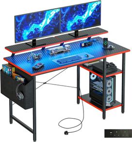 Gaming Desk with LED Lights Power Outlets Reversible Computer Storage Shelves Dual Monitor Stands for Home Office Study 100x50cm Carbon Fiber Black