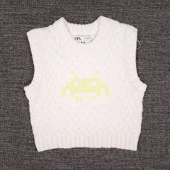 Zara Cream White Cable Knit Space Invaders Pixel Graphic Sleeveless Jumper Vest Size M