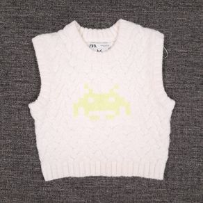Zara Cream White Cable Knit Space Invaders Pixel Graphic Sleeveless Jumper Vest Size M