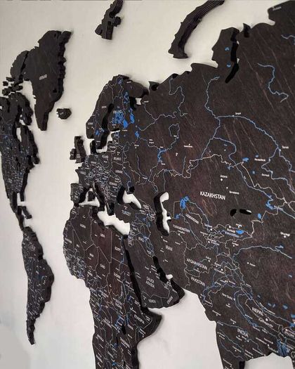 2D Premium Wooden World Map Country Borders US and Canada States Borders Country Names Country Capital Names 400 World Biggest City Names