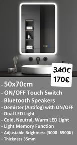 LED Bathroom Mirror 50x70cm Dual LED Speakers