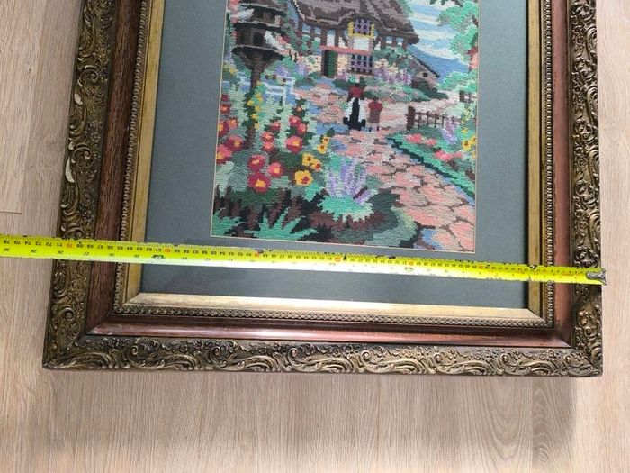 Vintage Hand Stitched Needlepoint Tapestry in Ornate Frame wall art Le Digeonier cottage
