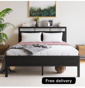 Double Bed Frame with Wooden Storage Headboard