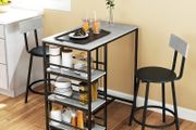 Bar table set with 2 stools and storage shelves for dining room, kitchen, gray and black