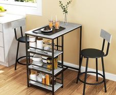 Bar table set with 2 stools and storage shelves for dining room, kitchen, gray and black