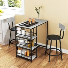 Bar table set with 2 stools and storage shelves for dining room, kitchen, gray and black