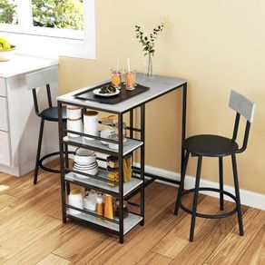 Bar table set with 2 stools and storage shelves for dining room, kitchen, gray and black