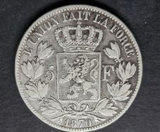 1870 Belgium  5 Francs - Leopold II small head Silver coin
