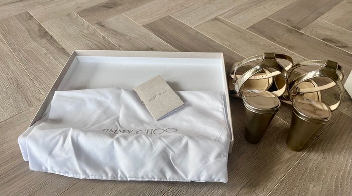 Jimmy Choo Miranda 85 Gold Metallic Block Heels Size 37 - Box Inc.