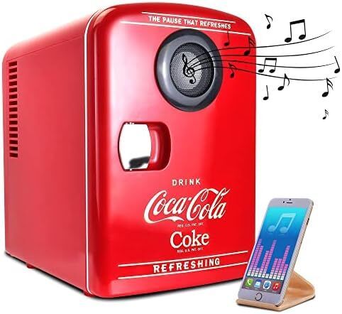 Coca-Cola Mini Fridges for Bedrooms 4L Quiet Small 6 Can Table Top Fridge Portable Retro Cooler Warmer with Built-In Bluetooth Wireless Speaker For Drinks