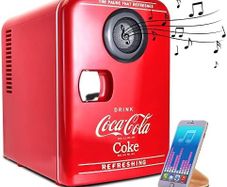Coca-Cola Mini Fridges for Bedrooms 4L Quiet Small 6 Can Table Top Fridge Portable Retro Cooler Warmer with Built-In Bluetooth Wireless Speaker For Drinks